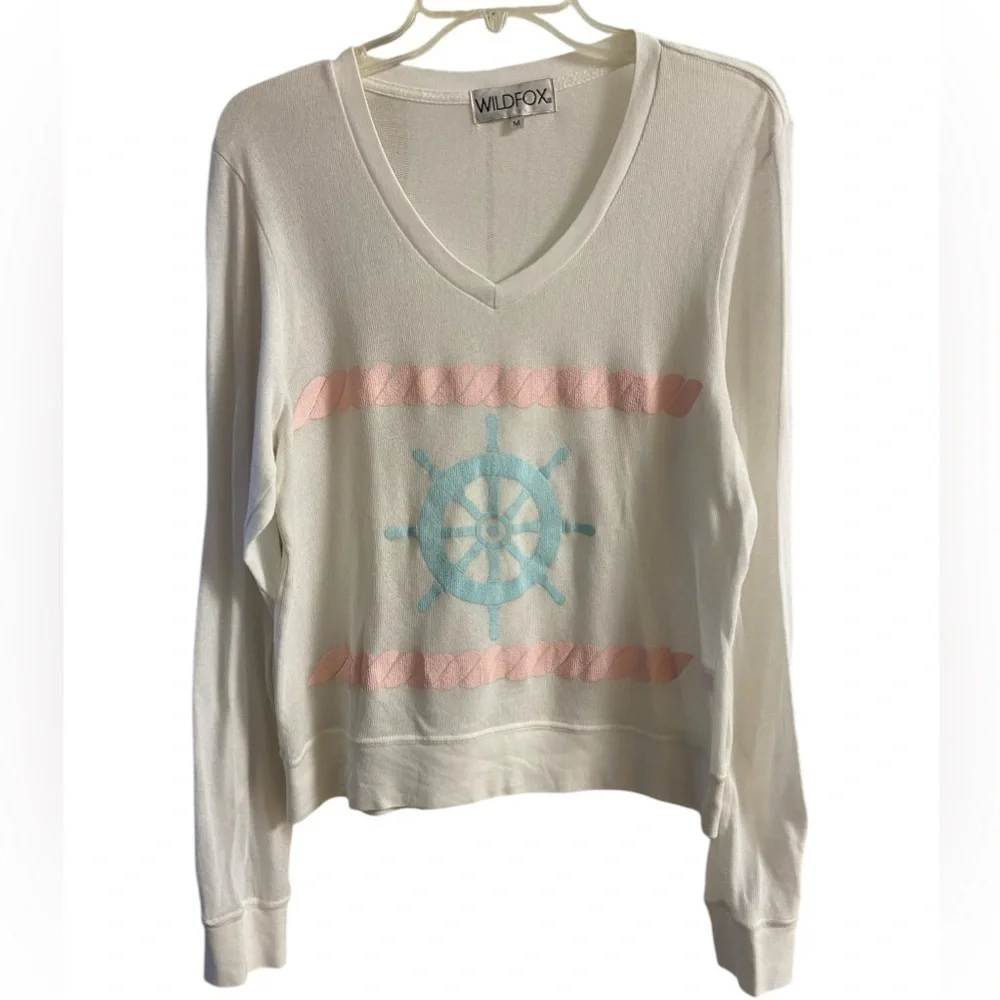 Wildfox Sweater‎ V Neck White Sailor Pullover Medium